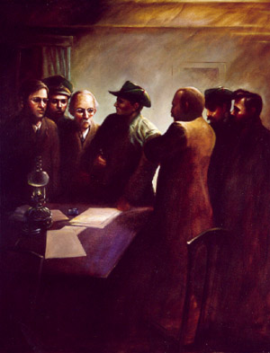 A group of men in a dimly lit room gathered around a table, engaged in a serious discussion, with a lantern casting light on their faces.