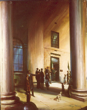 A painting depicting a historic moment inside the General Post Office in Dublin during the 1916 Rising, featuring figures in period attire, columns, and a small white dog.