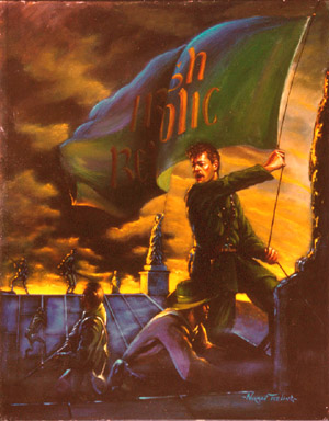A painting depicting a soldier raising an Irish flag with the words 'Irish Republic' during a historical moment from the 1916 Easter Rising.