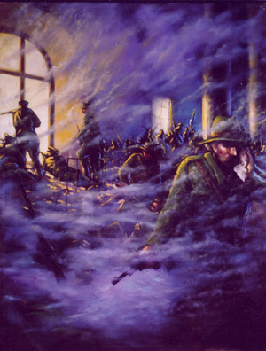 An artistic depiction of a chaotic scene during the 1916 Rising, featuring armed figures shrouded in smoke and dramatic lighting.