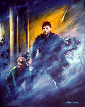 An oil painting depicting two figures in military uniforms during a historic moment, with dramatic lighting and abstract elements conveying a sense of action.
