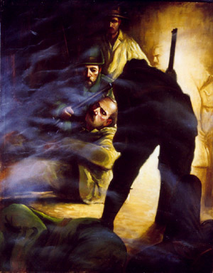 A dramatic oil painting depicting soldiers during a tense moment, with figures partially obscured by smoke, capturing the atmosphere of conflict.