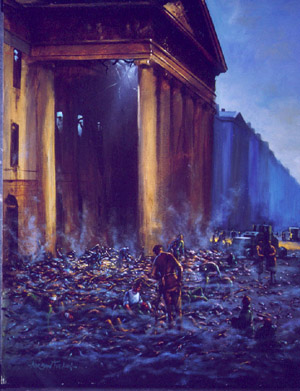 A dramatic oil painting depicting the aftermath of the 1916 Rising outside the General Post Office in Dublin, with figures amidst debris and smoke highlighting the chaos of the event.