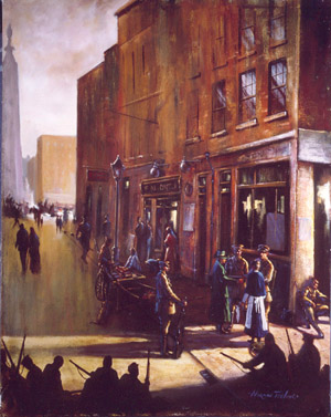 A historical painting depicting a street scene during the 1916 Rising, featuring soldiers and civilians in a bustling Dublin setting.